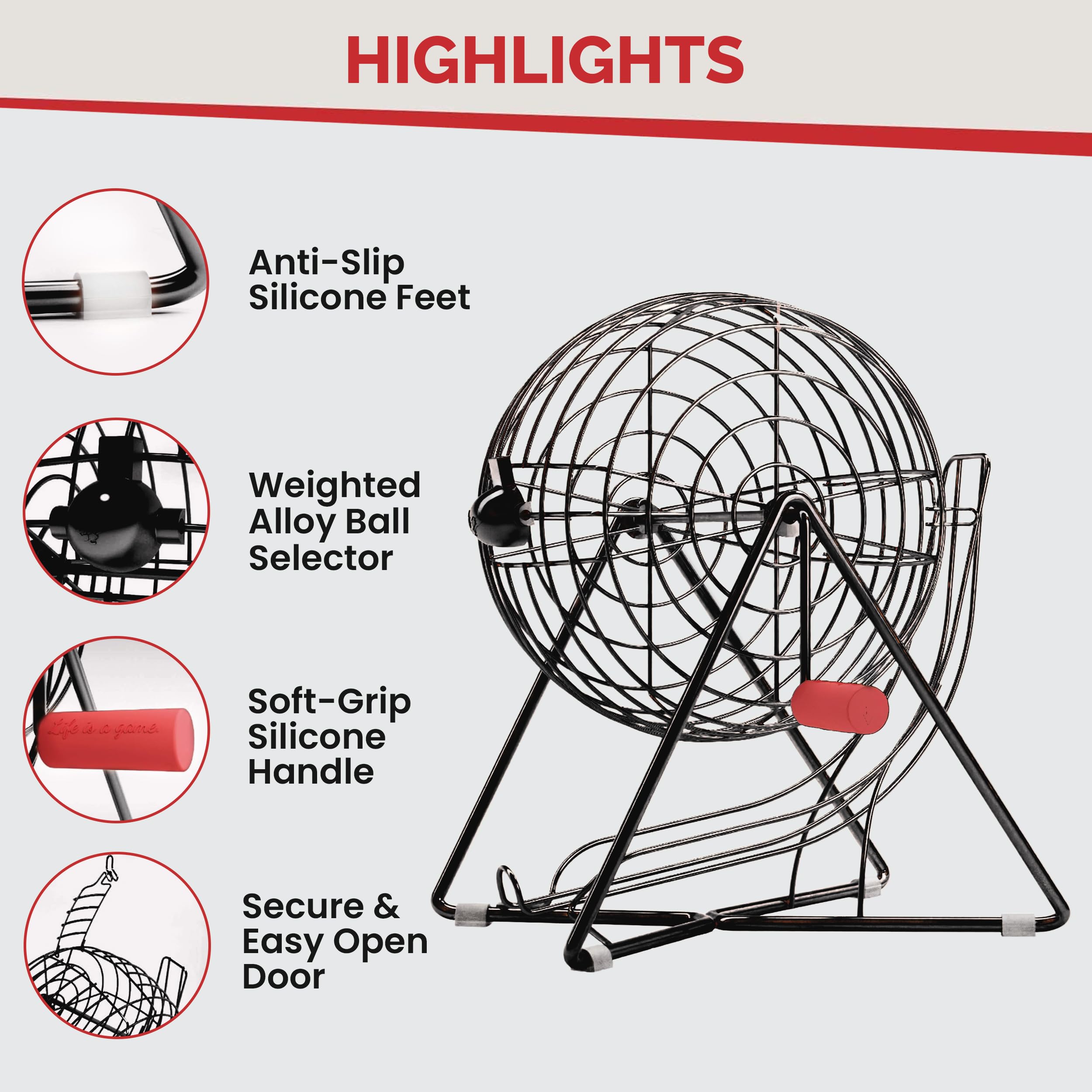MR CHIPS 11" (Inch) Tall Professional Bingo Set with Steel Cage, Everlasting 7/8” Balls, 18 Cards and 1,300 Chips - Image 4