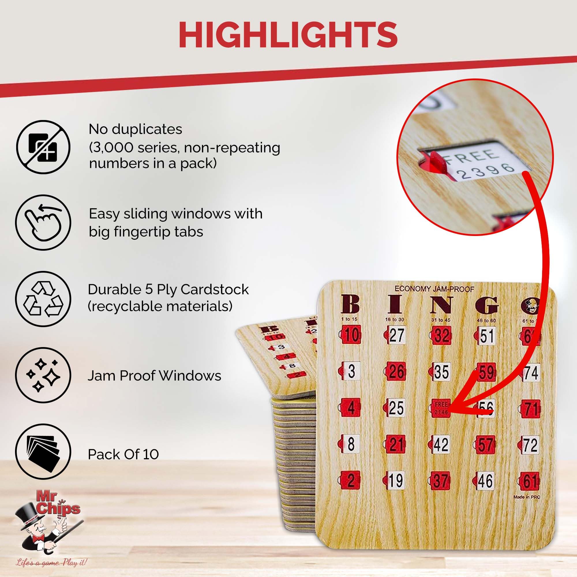 MR CHIPS Jam-Proof Bingo Cards with Sliding Windows 10 Pack Plus Calling Deck of Card - Image 4