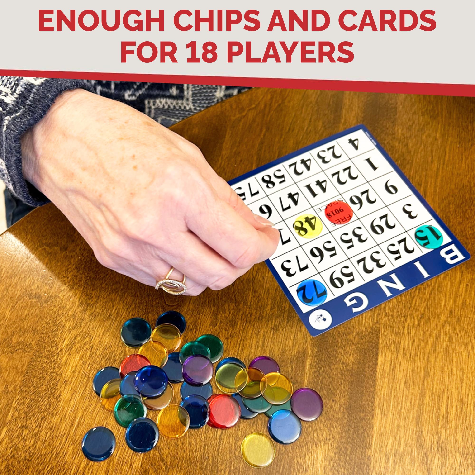 MR CHIPS Bingo Game 18 Cards and 300 Chips & Calling Cards Fun Games for Family, Reusable Kids - Image 7