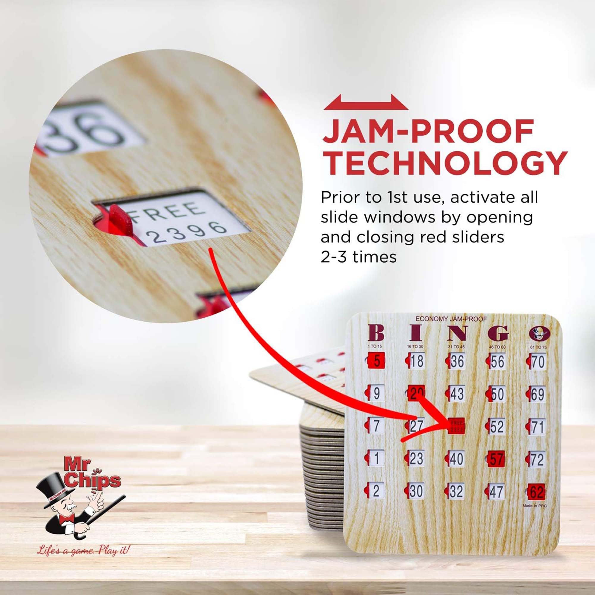 MR CHIPS Jam-Proof Bingo Cards with Sliding Windows 10 Pack Plus Calling Deck of Card - Image 3