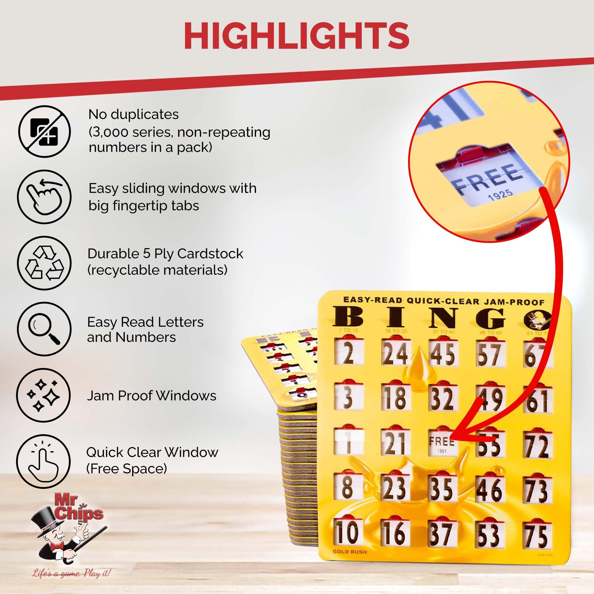 MR CHIPS Jam-Proof Bingo Cards with Sliding Windows 25 Reusable, 75 Calling Cards 1 Master Board Plus 10 Extra Cards - Image 3