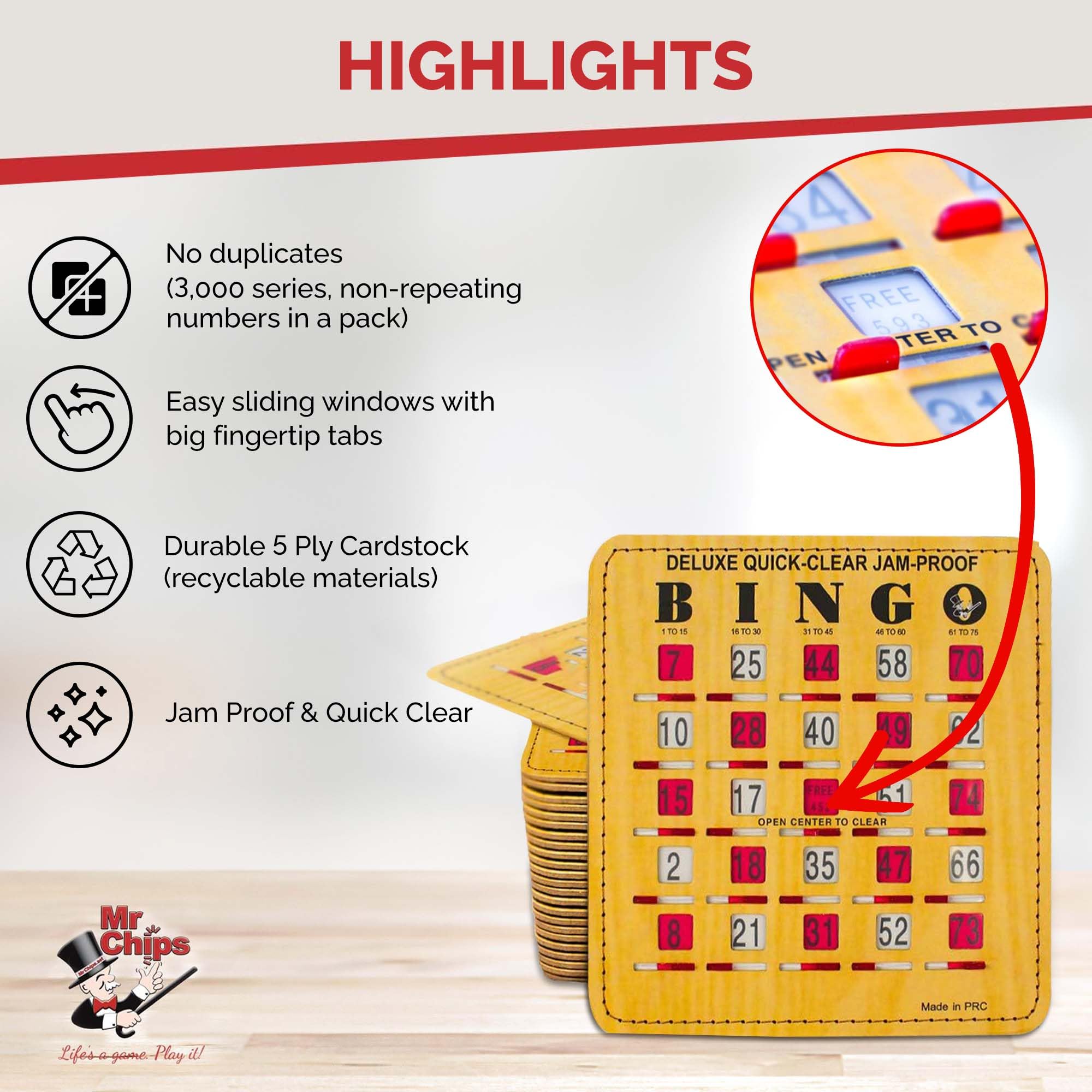 MR CHIPS Jam-Proof Bingo Cards with Sliding Windows, 50 Reusable Shutter Cards, 75 Calling 1 Master Board Plus 10 Extra Cards - Image 3