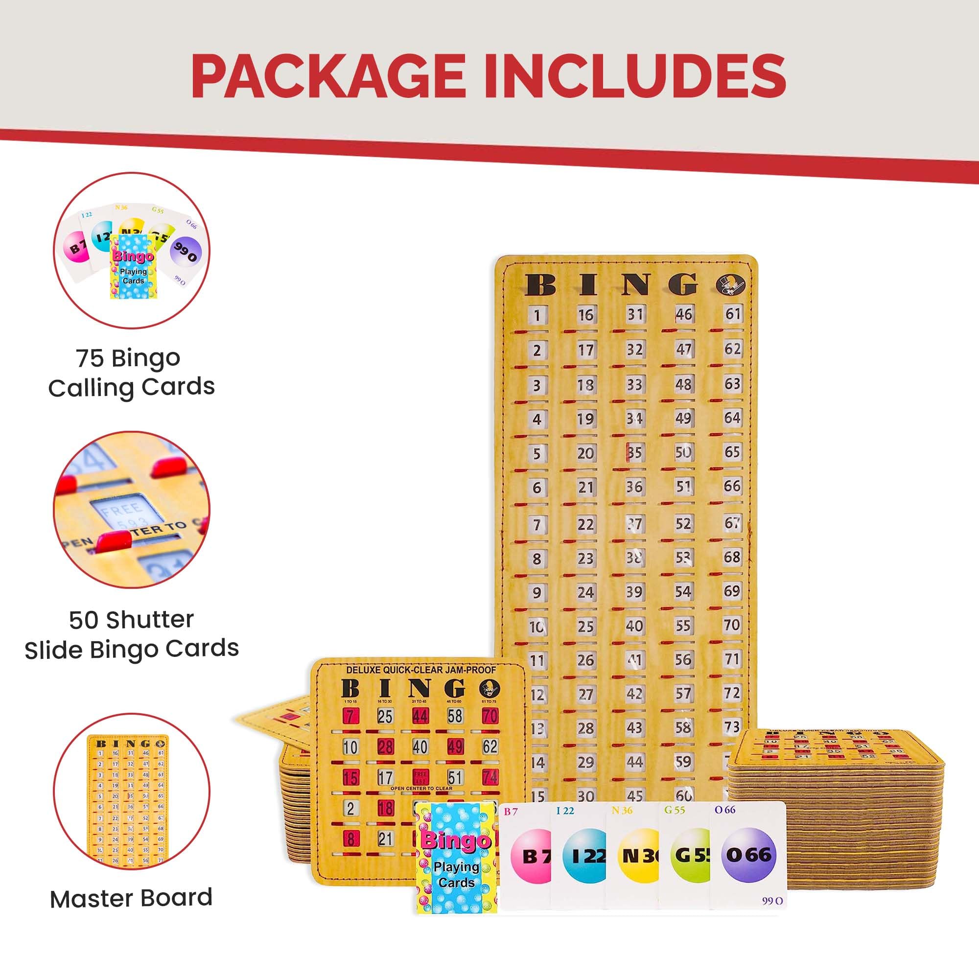 MR CHIPS Jam-Proof Bingo Cards with Sliding Windows, 50 Reusable Shutter Cards, 75 Calling 1 Master Board Plus 10 Extra Cards - Image 4