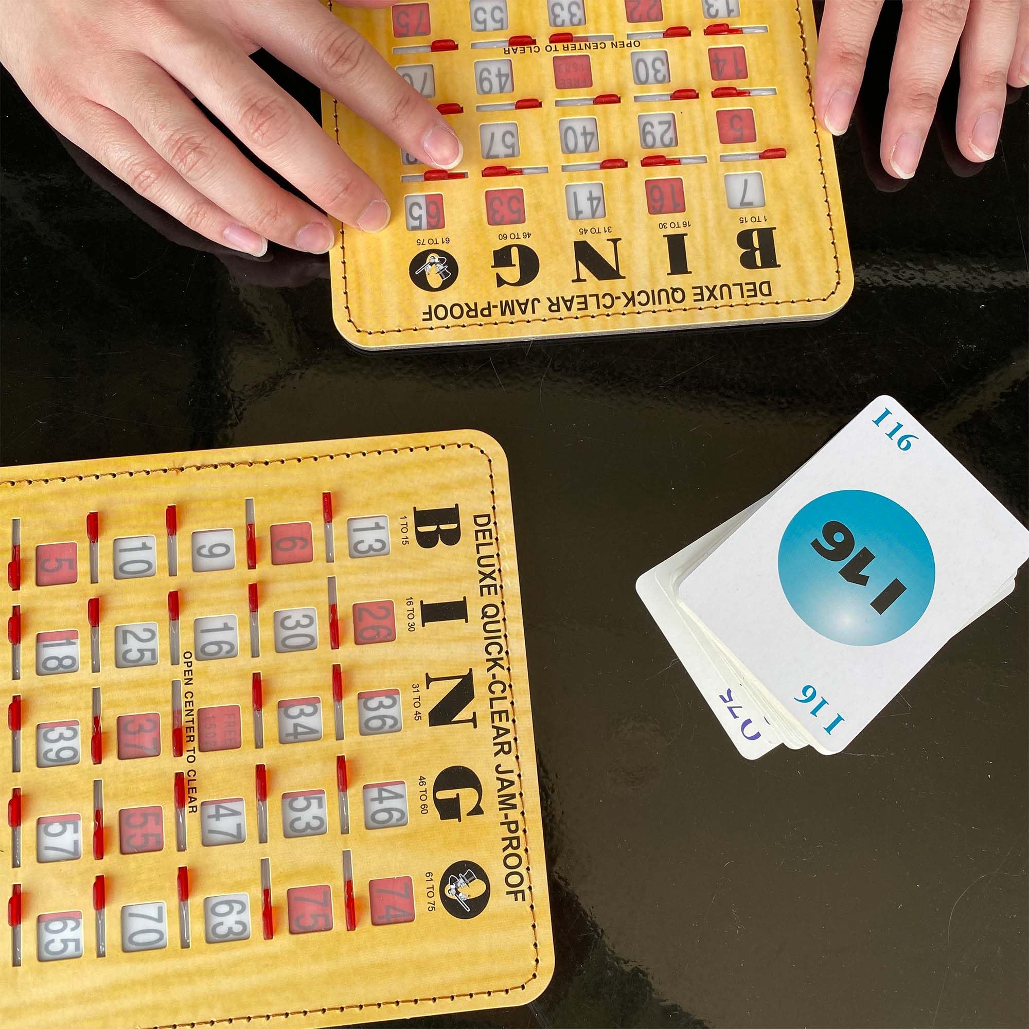 MR CHIPS Jam-Proof Bingo Cards with Sliding Windows, 50 Reusable Shutter Cards, 75 Calling 1 Master Board Plus 10 Extra Cards - Image 7