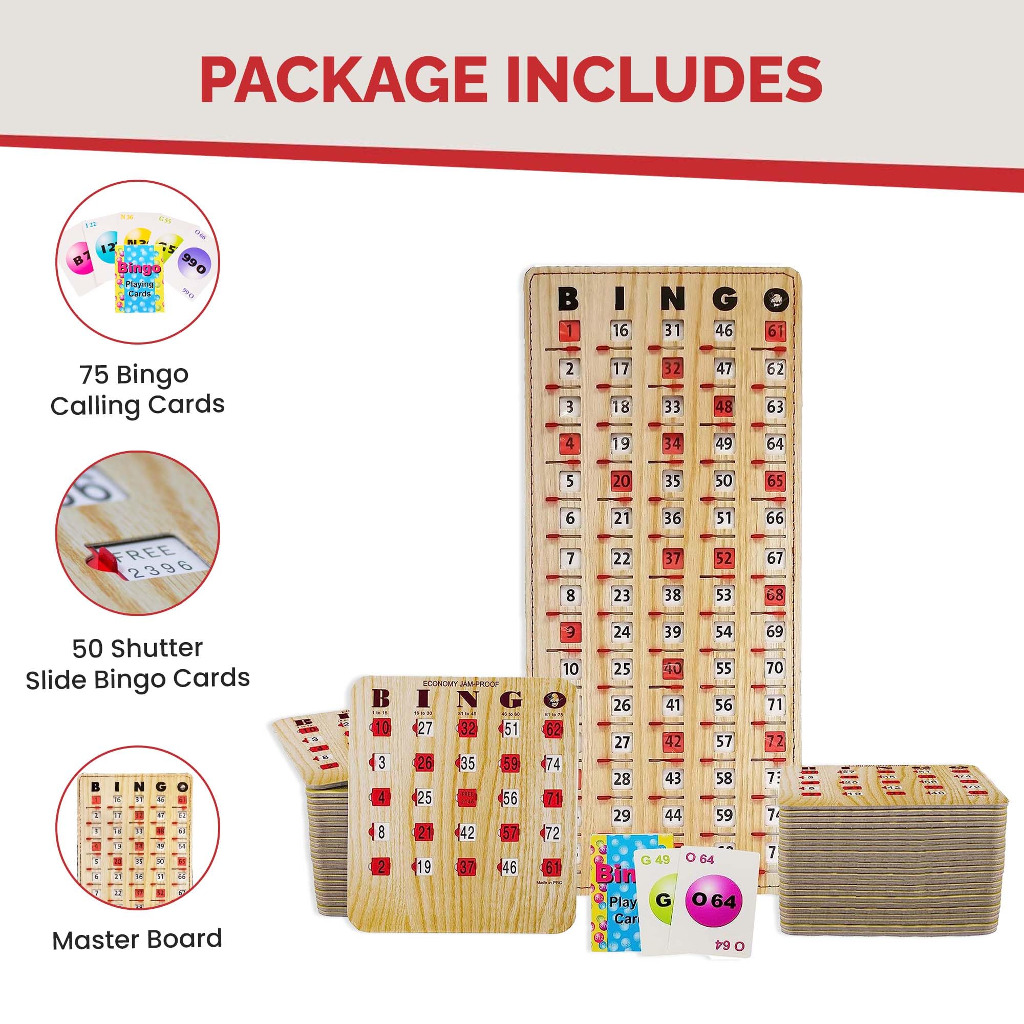 MR CHIPS Jam-Proof Bingo Cards with Sliding Windows, 50 Reusable Shutter Cards, 75 Calling 1 Master Board Plus 10 Extra Cards - Image 4