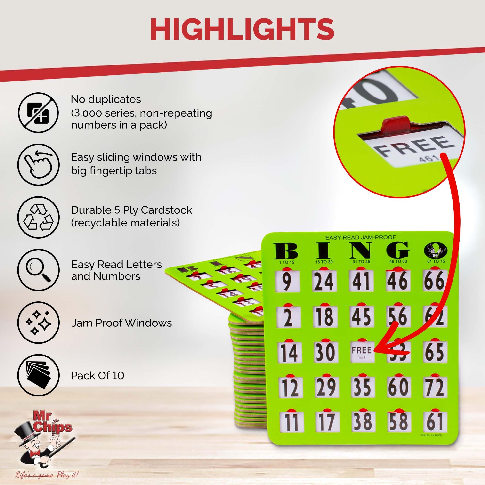 MR CHIPS Jam-Proof Easy-Read Large Print Fingertip Bingo Cards with Sliding Windows 10 Pack in Green Style - Image 3