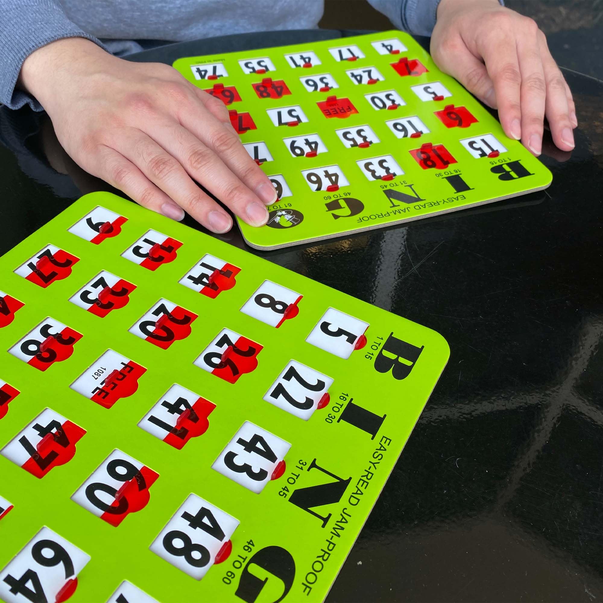 MR CHIPS Jam-Proof Easy-Read Large Print Fingertip Bingo Cards with Sliding Windows 10 Pack in Green Style - Image 7