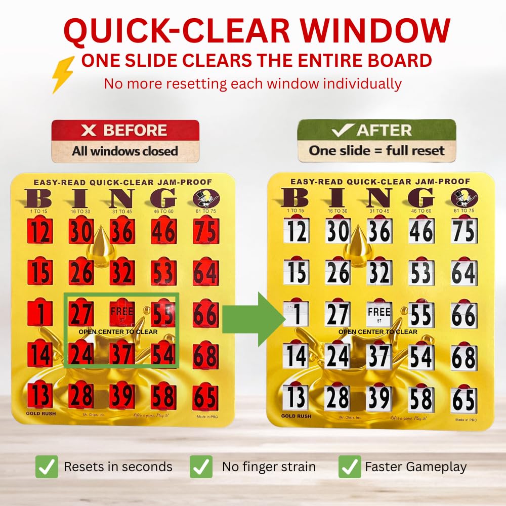 MR CHIPS Jam-Proof Easy-Read Quick-Clear Large Print Fingertip Slide Bingo Cards with Sliding Windows 25 Pack in Gold Rush Style - Image 4