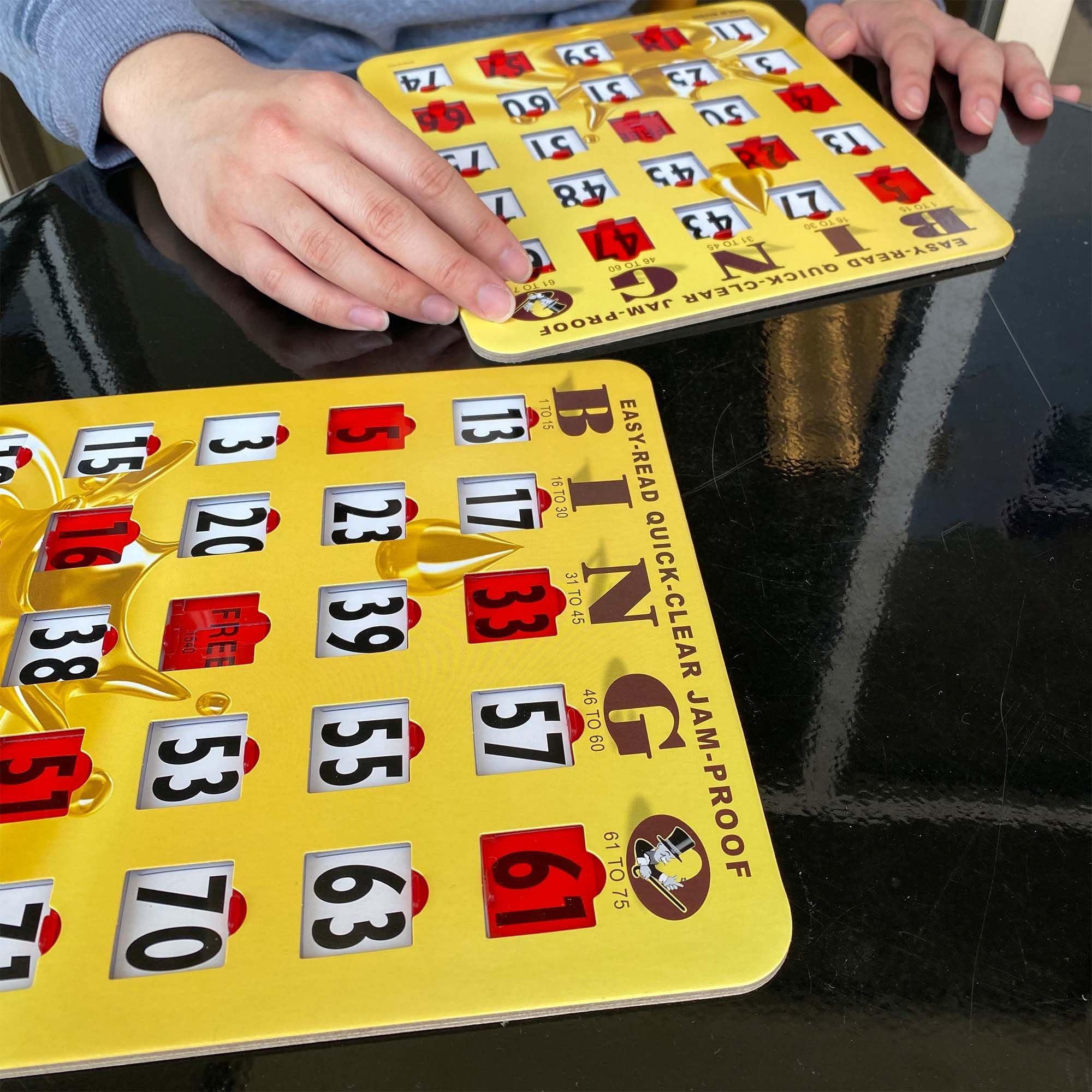MR CHIPS Jam-Proof Easy-Read Quick-Clear Large Print Fingertip Slide Bingo Cards with Sliding Windows 25 Pack in Gold Rush Style - Image 8