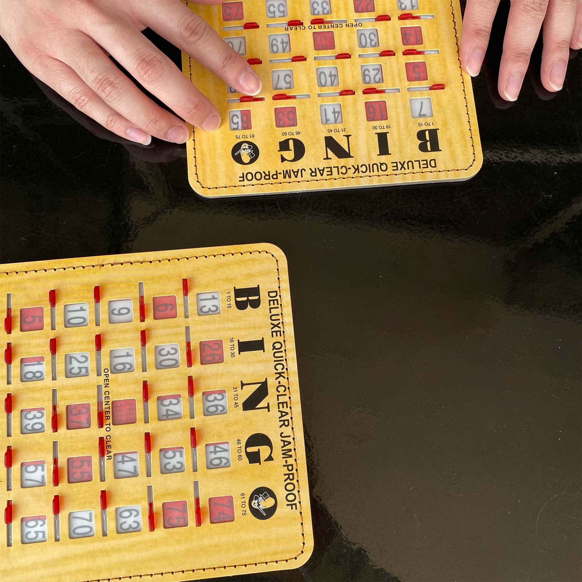 MR CHIPS Jam-Proof Quick-Clear Deluxe Fingertip Slide Bingo Cards with Sliding Windows 50 Pack in Woodgrain Style - Image 9