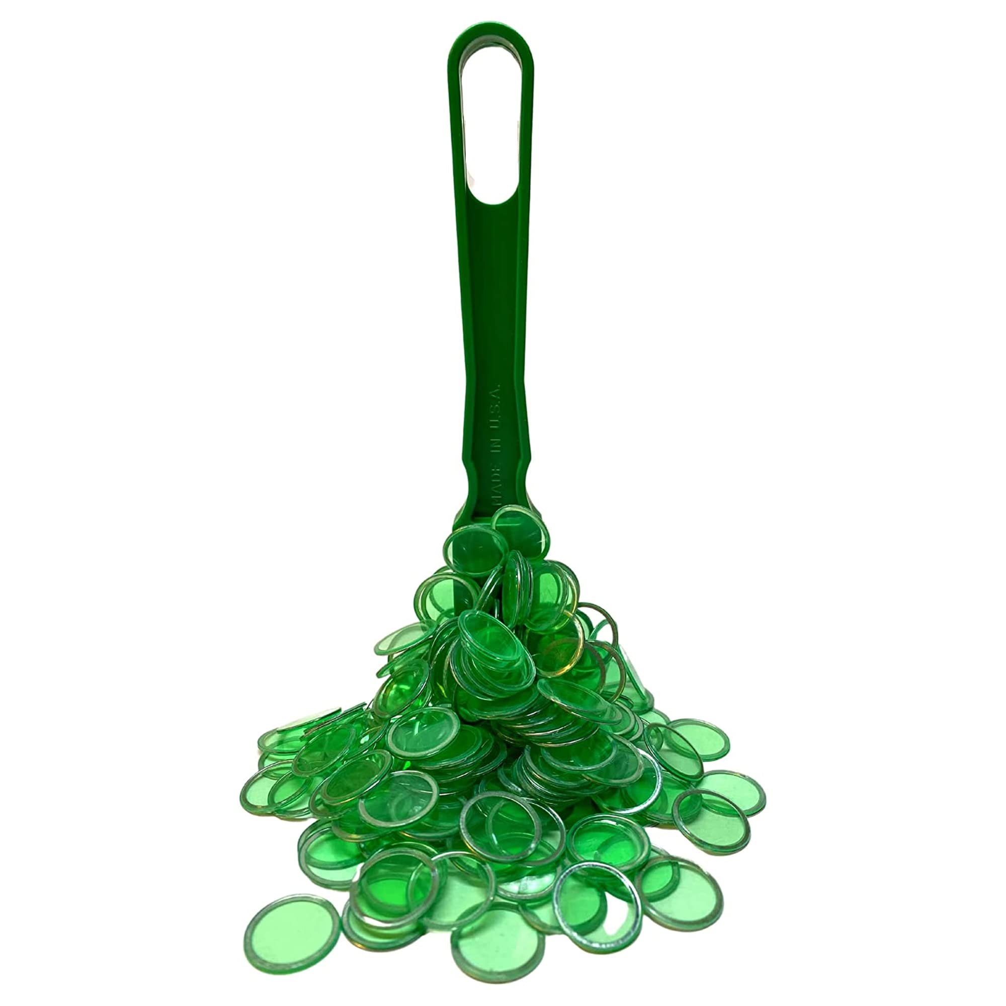 MR CHIPS Made in USA Upgraded Bingo Magnetic Wand & 200 Pieces ¾ Inch Green Plastic Chips with Metal Rings - Support American Jobs