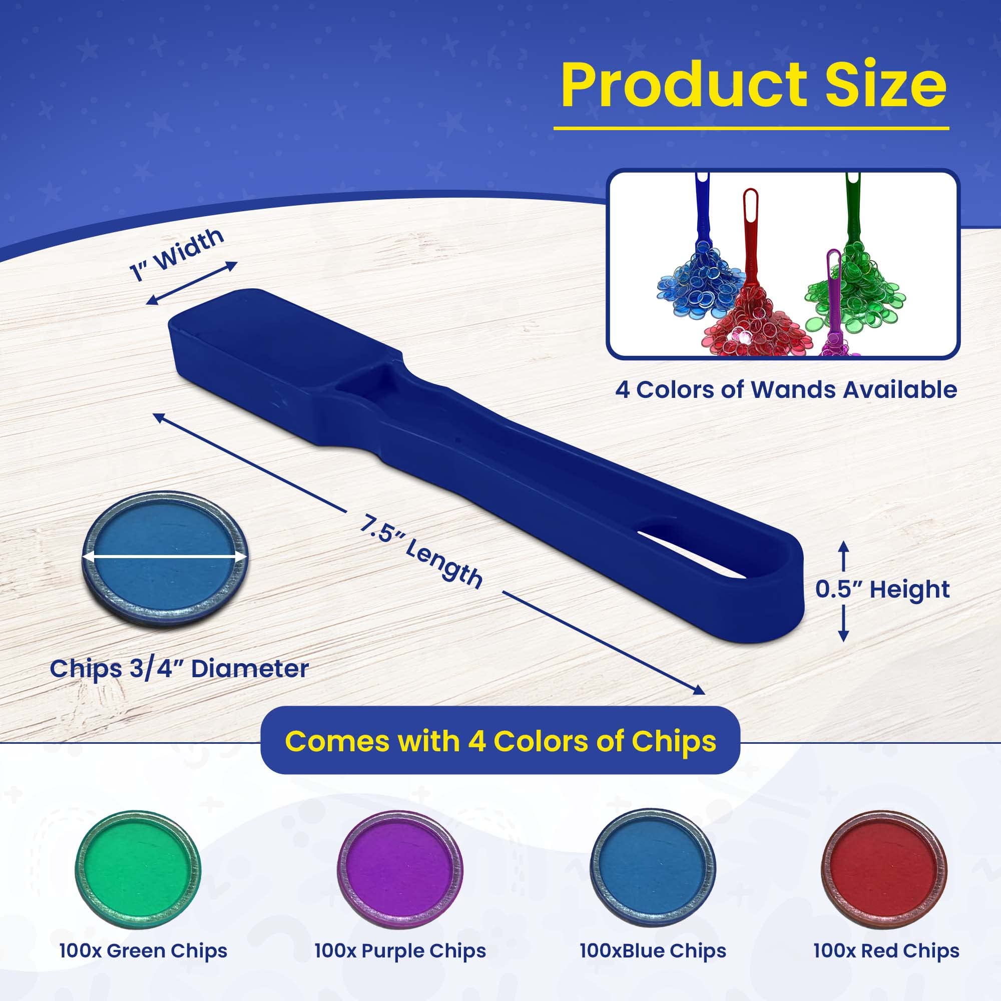 MR CHIPS Made in USA Set of 4 Bingo Magnetic Wands & 400 Pieces Upgraded ¾ Inch Plastic Chips with Metal Rings in 4 Colors Blue, Red, Green, and Purple - Image 4