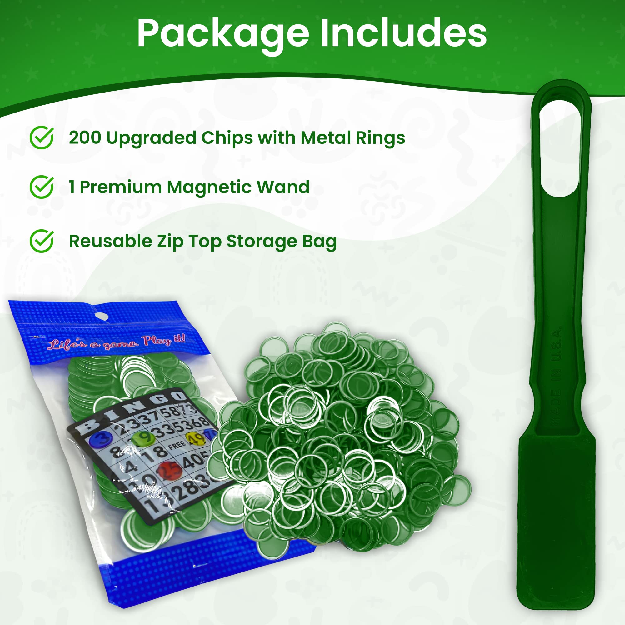 MR CHIPS Made in USA Upgraded Bingo Magnetic Wand & 200 Pieces ¾ Inch Green Plastic Chips with Metal Rings - Support American Jobs - Image 2