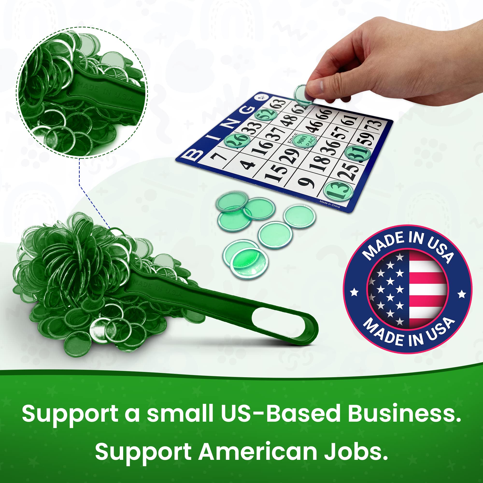 MR CHIPS Made in USA Upgraded Bingo Magnetic Wand & 200 Pieces ¾ Inch Green Plastic Chips with Metal Rings - Support American Jobs - Image 3